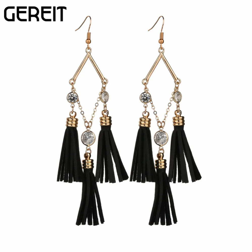 В богемном стиле черные кожаные кисточкой серьги очарование хрустальные бусины