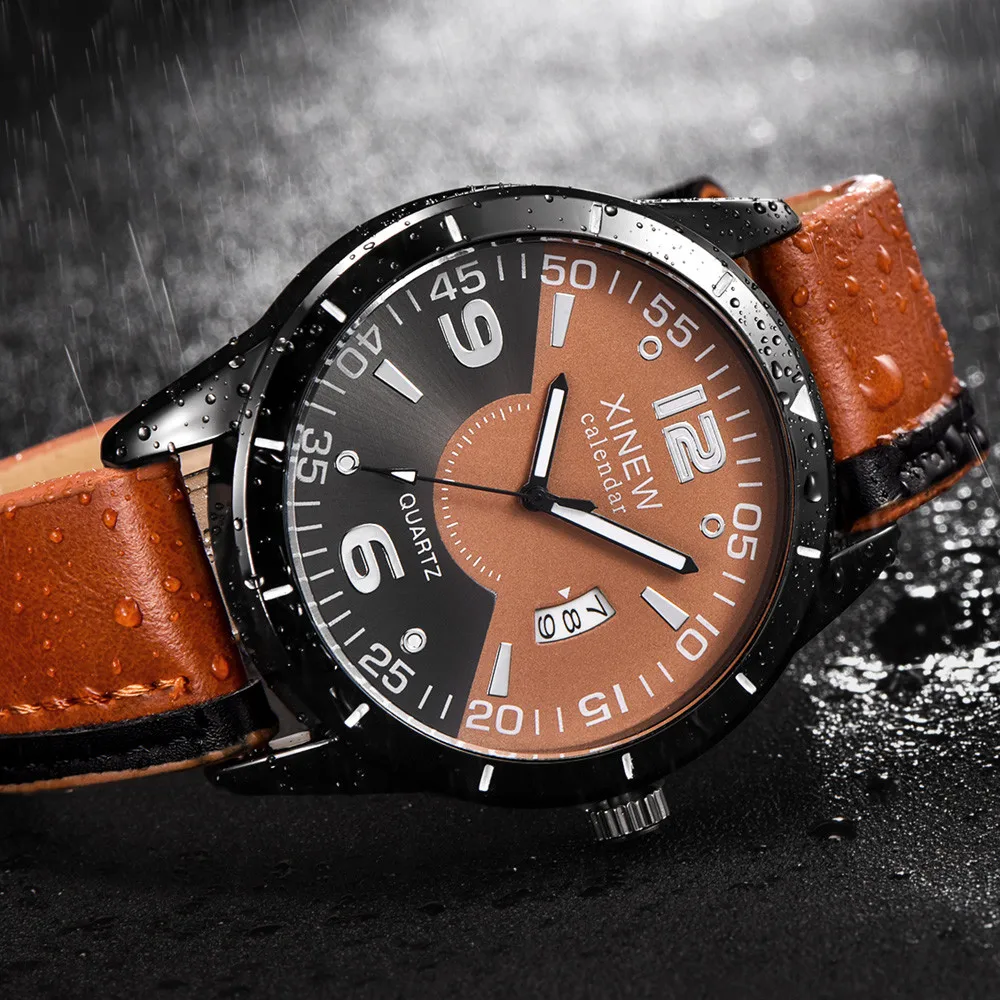 Горячая Распродажа брендовые роскошные часы XINEW мужские кожаные с календарем