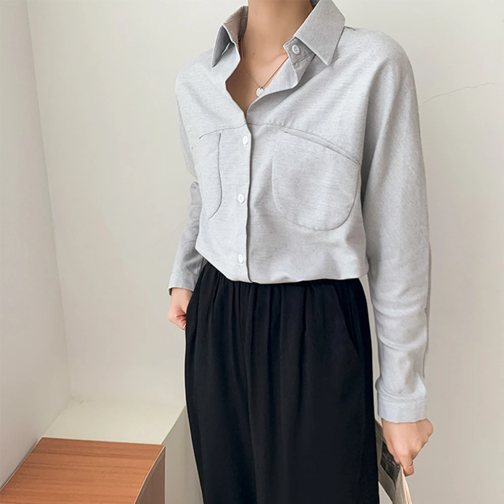 Cotton Office Lady Blouses Casual Long Sleeve Turn Down Collar Female Blouse Shirt Solid Button Pockets Irregular Women's Tops