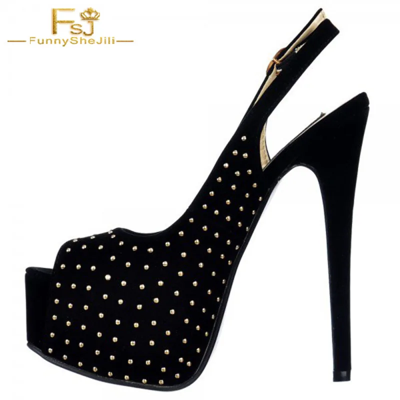 

FSJ Women Shoes Ladies Pumps Black Studs Shoes Slingback Heels Peep Toe Platform 2021 Spring Autumn Plus Size Shoes11 12 13