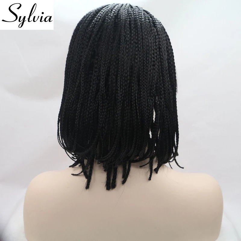 Sylvia 1b черные короткие прямые микро плетеные синтетические парики с кружевом спереди черный Боб Прическа плетение термостойкие волокна волос