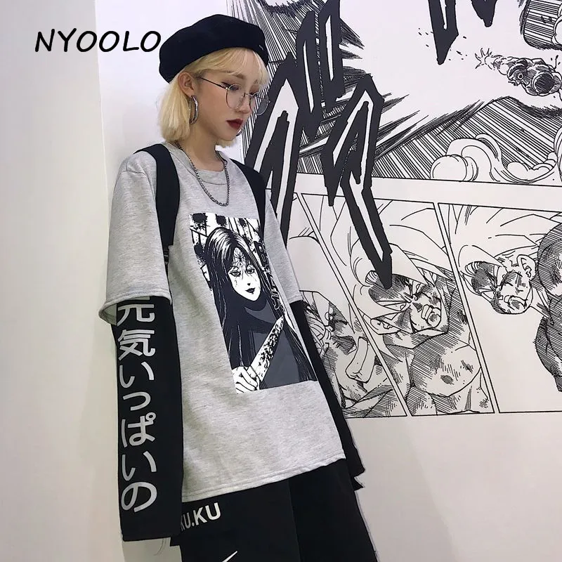 NYOOLO Harajuku стиль комиксы с буквенным принтом Толстовка Поддельные 2 шт. лоскутное с длинным рукавом пуловеры толстовка женская/мужская одежда топы