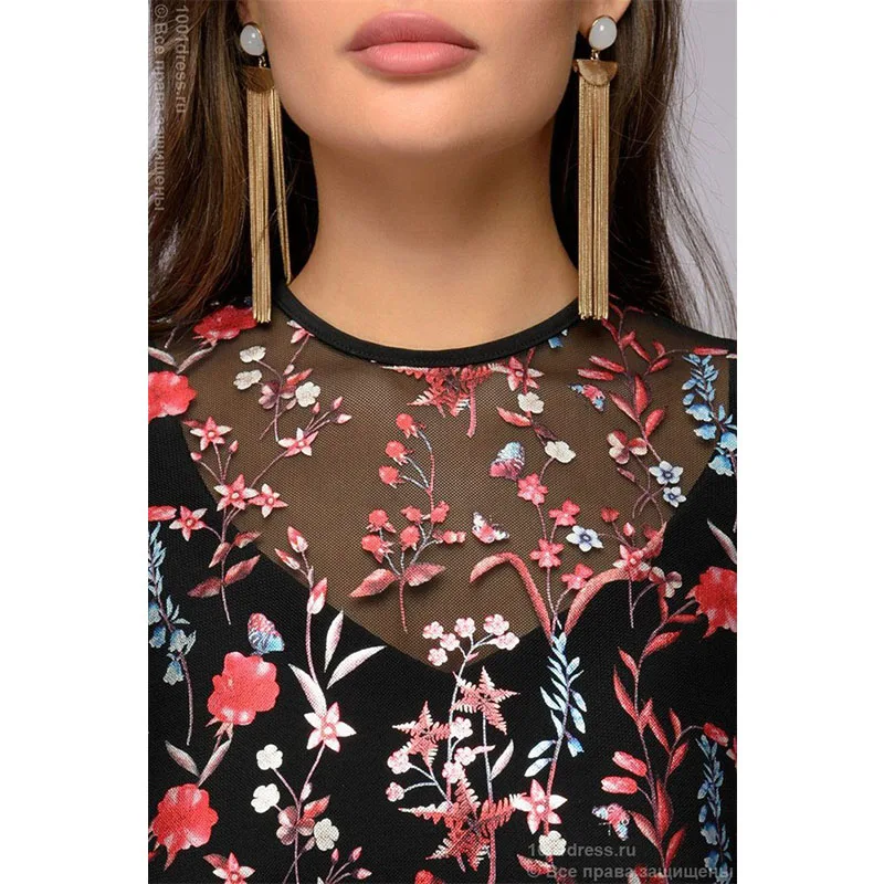 Bella Philosophy Sexy Women Floral Embroidery knee-length Dress print O-Neck belt dress See-through Black perspective | Женская одежда