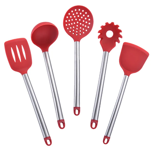 Red 5PCS Новая силиконовая ложка для приготовления пищи из нержавеющей стали, ковш для супа, лопатка для яиц, кухонные инструменты, набор посуды для приготовления пищи, красный, черный - Цвет: Red 5PCS