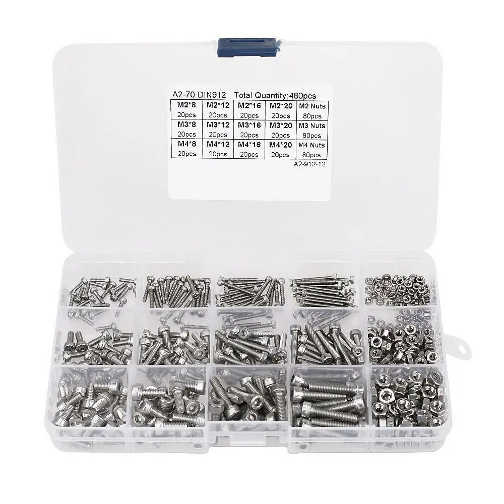 

480pcs M2 M3 M4 304 Stainless Steel Hex Socket Head Cap Screws Nut Kit Set + Box