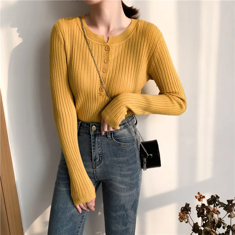 spring winter Slim fit long sleeve Wild pullovers knitted casual solid button o-neck Women's Clothing Korean style fashion brand | Женская
