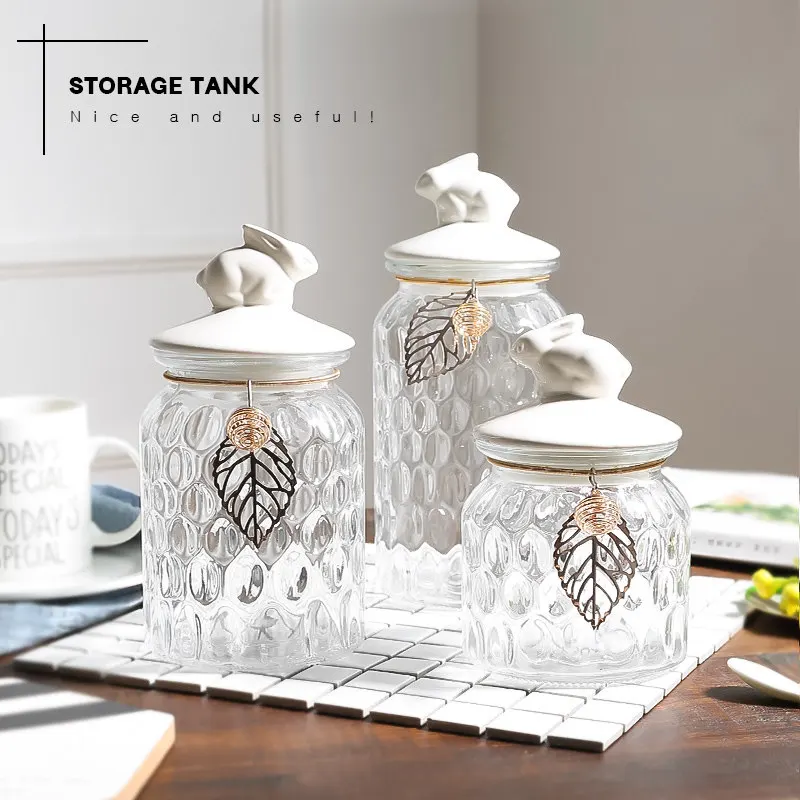 

European Transparent Glass Candy Jar Party Wedding Dessert Storage Bottle Dinner Table Decorative with Leaf Decor Storage Tank