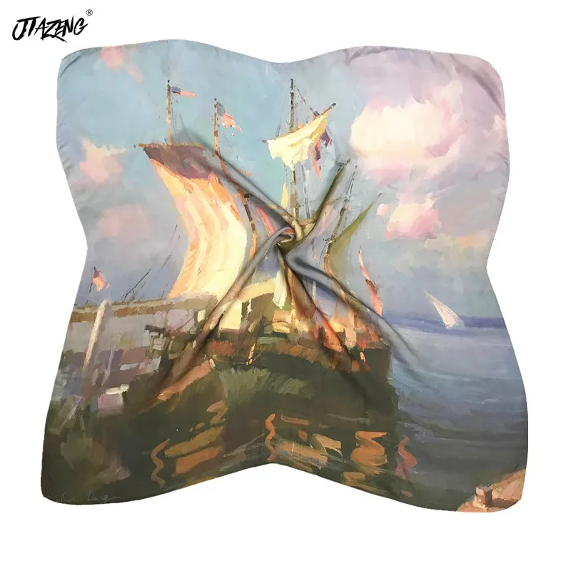 

70*70cm square Silk Scarf Women Fashion Bandana Sailing Oil Painting Lady Hair Band Foulard Hand Kerchief Female Bandana Shawl