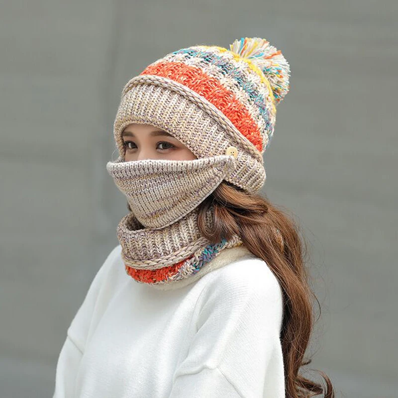 Ymsaid, зимняя женская шапка, Skullies, теплые шапки, женский шерстяной шарф, маска, шапка, шапки, набор из 3 предметов, Балаклава, шапочка, лыжная вязаная шапка
