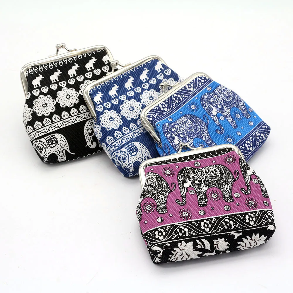 Women's Elephant Print Coin Purses Fashion Polyester Canvas Button Hasp Animal Prints Flap Mini Wallets Day Clutches