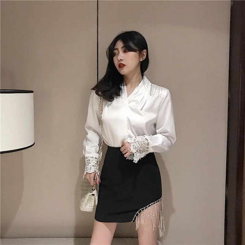 Женская кружевная рубашка HziriP однотонная винтажная блузка с длинным рукавом и