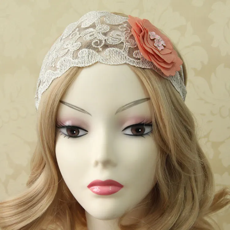 Handmade Pretty Womens 2.8&quot Width Crystal Pink Flower Filigree Lace Bungee Hair Band Elastic Headband Head Wrap Boho Party Dance |
