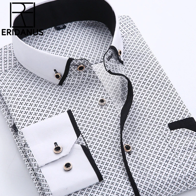 цена Big Size 4XL Men Dress Shirt 2016 New Arrival Long Sleeve Slim Fit Button Down Collar High Quality Printed Business Shirts MCL18
