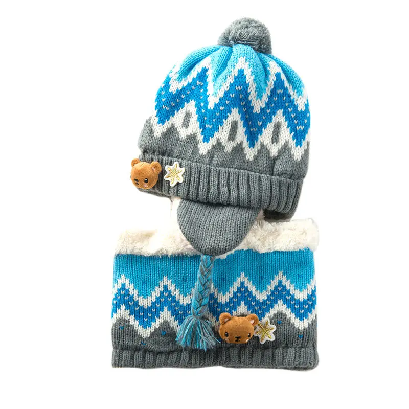 Hat And Scarf Детские шапочки унисекс, комплект с шапочкой для детей, с рисунком животных, в полоску, вязанная бархатная шапка и шарф, зимний теплый костюм, комплект, перчатки для девочек - Цвет: Hat And Scarf