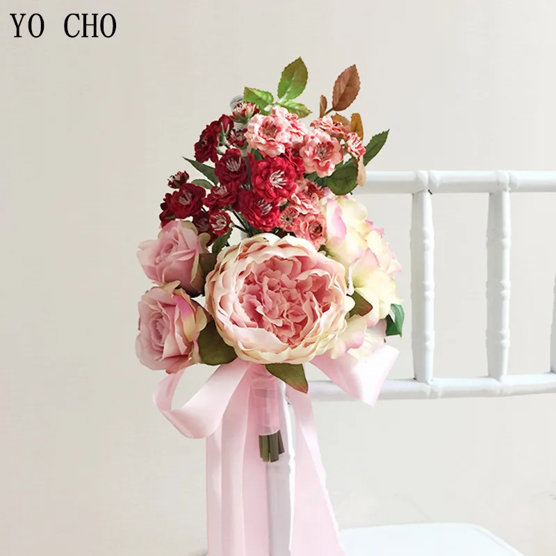 

YO CHO Exquisite Wedding Ribbon Bouquets Graduation Prom Bridal Bouquet Pink Chair Back Artificial Flowers Home Decor Accessies