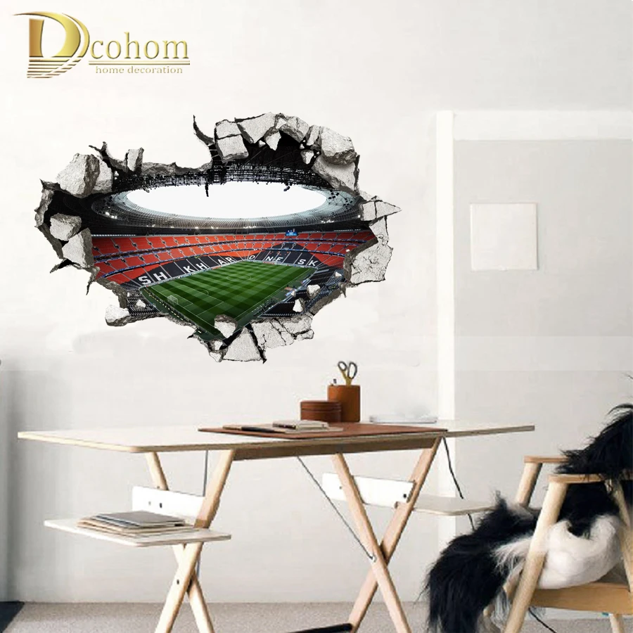 Сломанная стена Fooball поле 3D наклейка на стену для детской комнаты домашний Декор