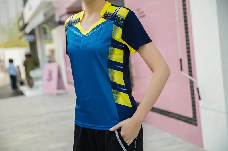 Blue Sports Quick Dry breathable badminton shirts,Women/Men table tennis group game running training Sport V Neck T Shirts