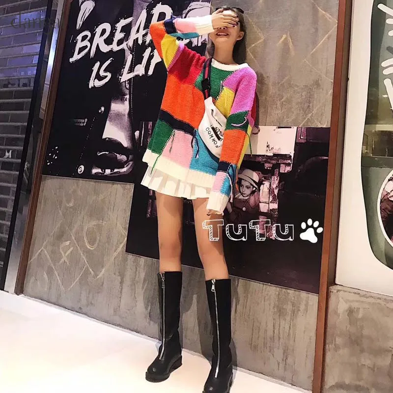 2018 Новый женский Harajuku Kawaii свободный Русалка Длинный цветной лоскутный свитер