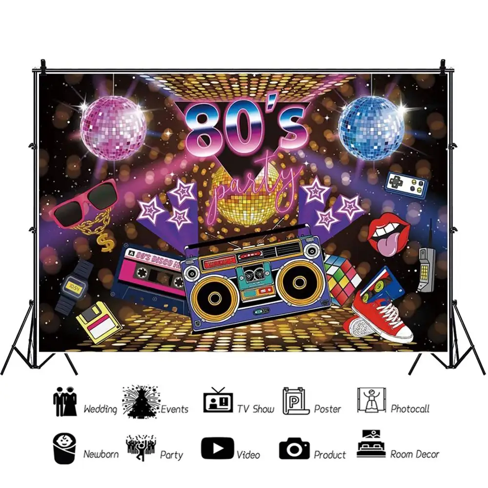 Laeacco Welcome To 80's Disco Party Baby Cartoon Poster Portrait Photo Backdrops Photography Backgrounds For Photo Studio