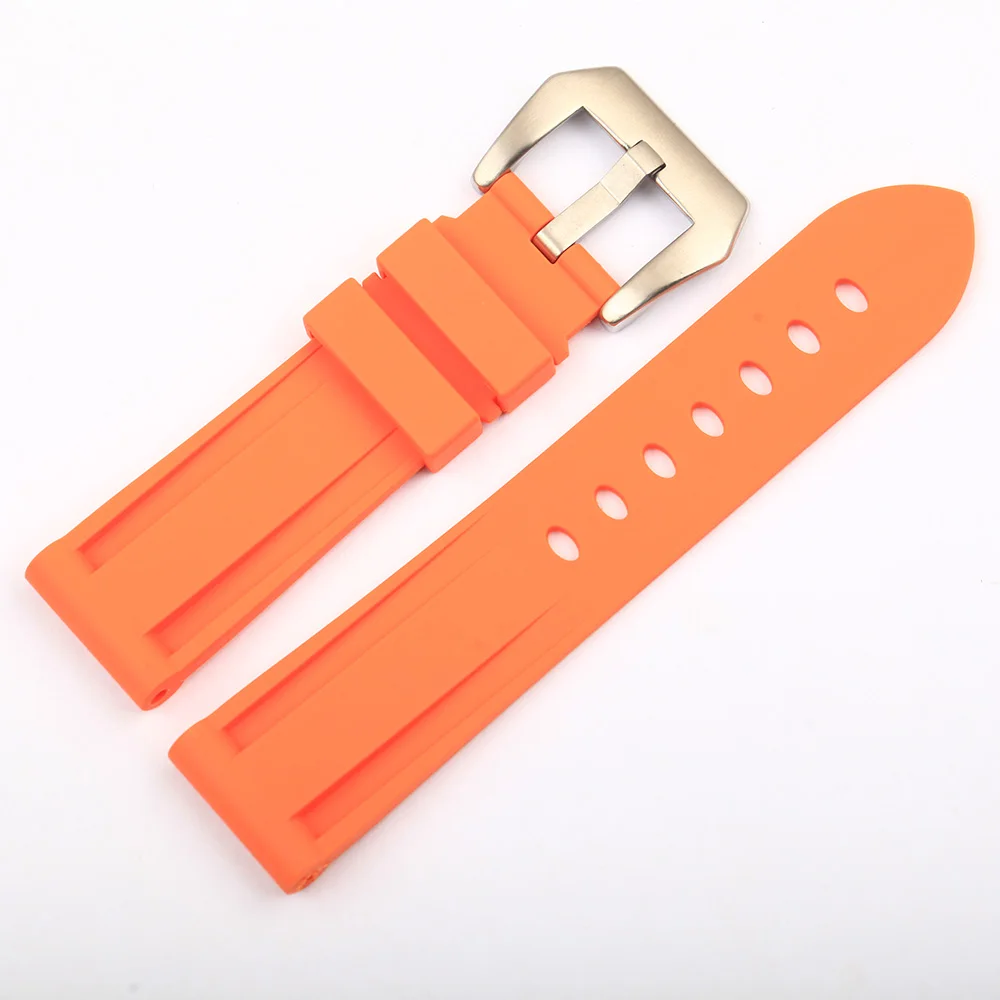 Orange Silver buckle Мужской резиновый ремешок 22 мм 24 мм 26 мм водонепроницаемый силиконовый ремешок для часов черный, синий, зеленый, оранжевый, белый ремешок для часов - Цвет ремешка: Orange Silver buckle