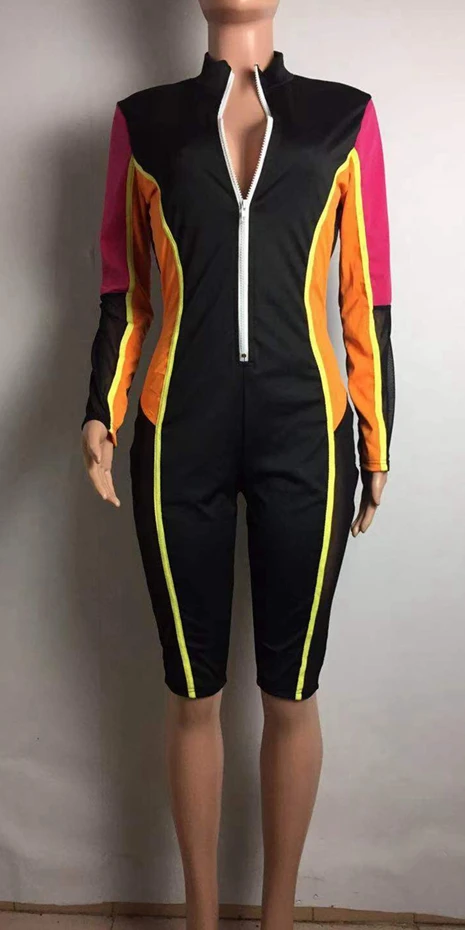 black orange HAOYUAN сексуальный сетчатый комбинезон Женский Уличная молния спереди с длинными рукавами комплект с шортами облегающие комбинезоны - Цвет: black orange