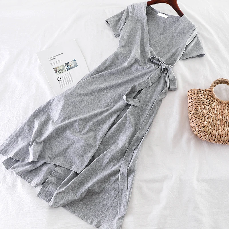 SKOONHEID Women Split Cotton Long Wrap Dress Sexy V Neck Short Sleeves Casual Sundress New Summer Elegant Large Size Solid | Женская
