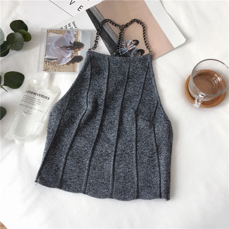 Трикотажные майки Для женщин тонкий Вязание с лямкой на шее; Camisole Топы Женский цепь ремни кроп топы на бретельках, без рукавов, футболки Одежда для девочек