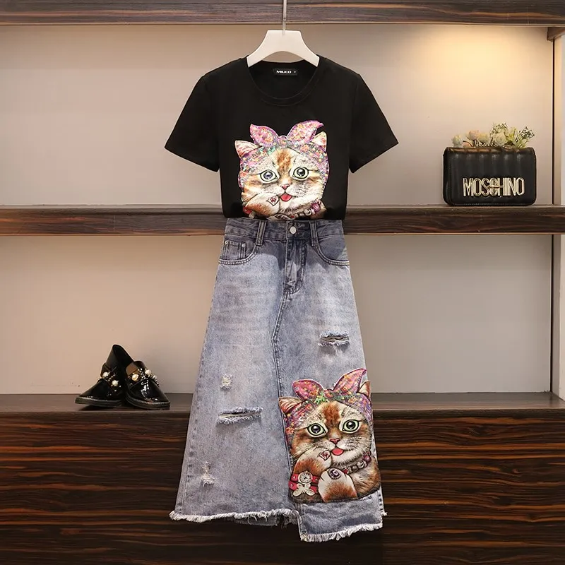 

2019 summer new women's large size Cat head sequin embroidery t-shirt+Sequined denim skirts suits female plus size 2 piece sets
