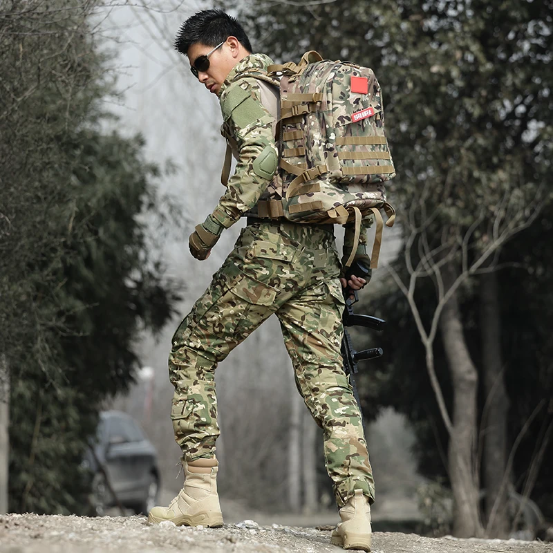 

Tactical T Shirt + Pants Military Uniform Army Camouflage Suit Frog Suits Men CS Combat Sets + Knee Pad Elbow Pad Airsoft Gear