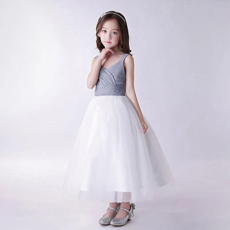 2019 Flower Girl Wedding Dress for toddler kids girl clothing Grey Tulle Pleat Dresses Sleeveless Floor Princess Lovely | Детская одежда