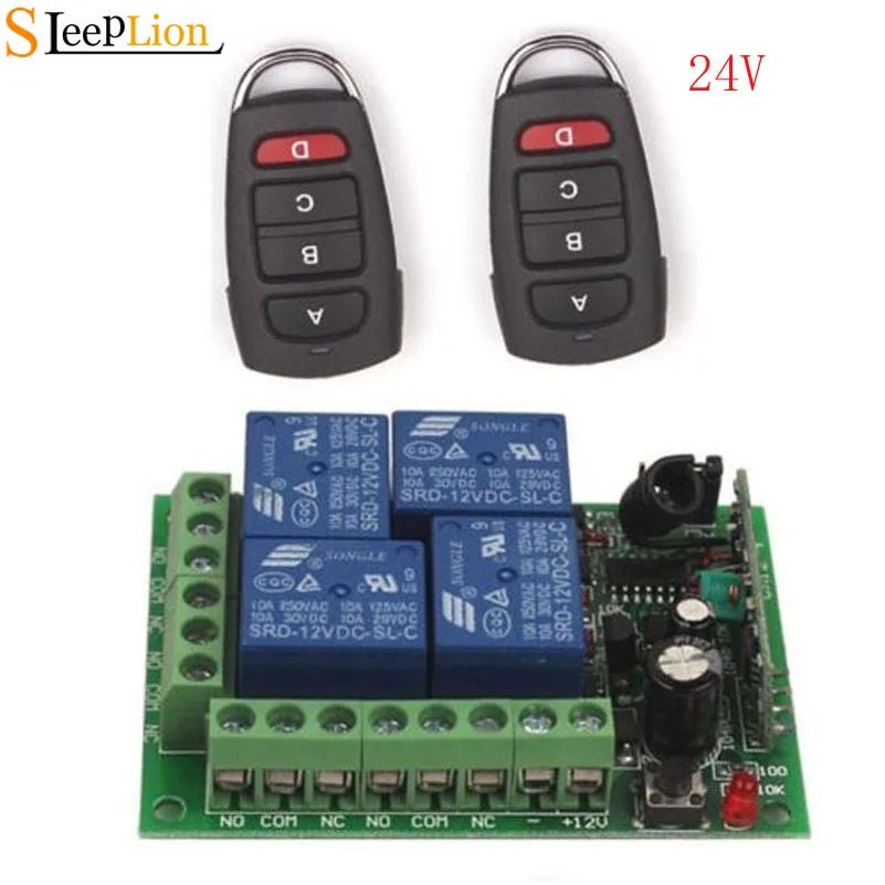 

Sleeplion 24V 4CH Channel Relay RF Wireless Remote Control Switch 2 Transmitter+Receiver ON/OFF 24V 4CH Module Kit 315/433MHz