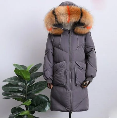 color fur Большой натуральный мех енота, новинка, зимняя куртка для женщин, с капюшоном, длинный пуховик, парка, пальто для женщин, Толстая теплая куртка на утином пуху, Свободное пальто - Цвет: color fur