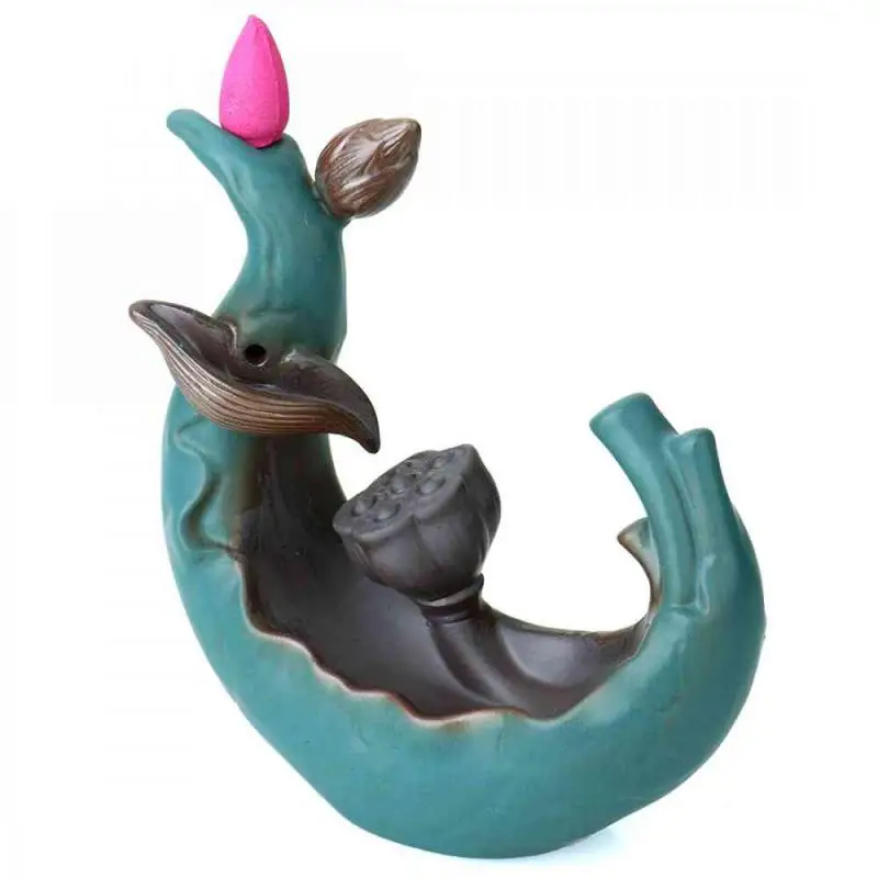 

Green Backflow Incense Burner With Led Light Smoke Waterfall Incense Holder Lotus Flower Ceramic Censer Aromatherapy Furnace