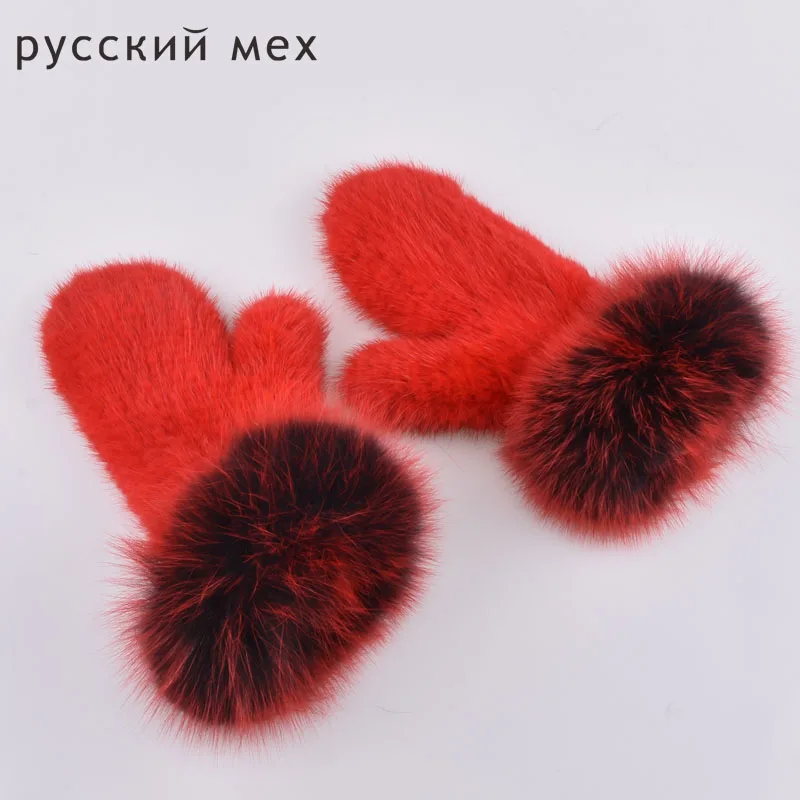 Real fox Fur The latest super-elastic imported mink gloves warm winter  female mink knit gloves cute mittens