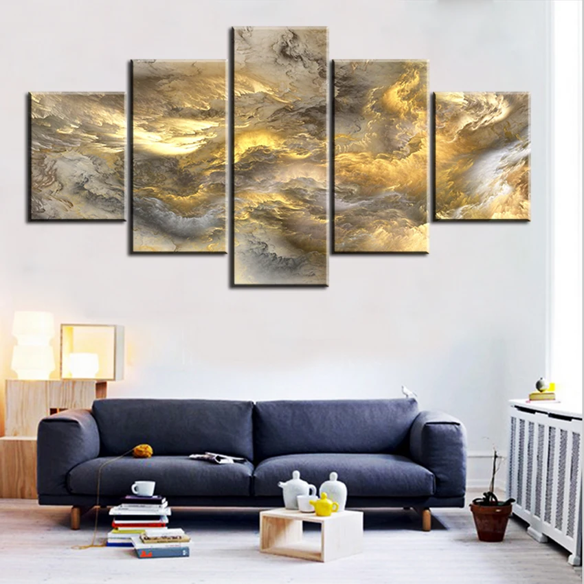 Набор из 5 картины на холсте печати маслом в серо-желтом абстрактном стиле "Облака" для украшения гостиной.
