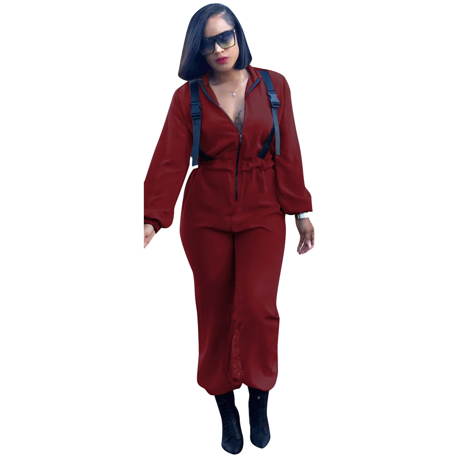 burgundy jumpsuit Женский уличный комбинезон на молнии с глубоким v-образным вырезом и длинным рукавом, Свободный Повседневный комбинезон, женский спортивный костюм, Комбинезоны для женщин - Цвет: burgundy jumpsuit
