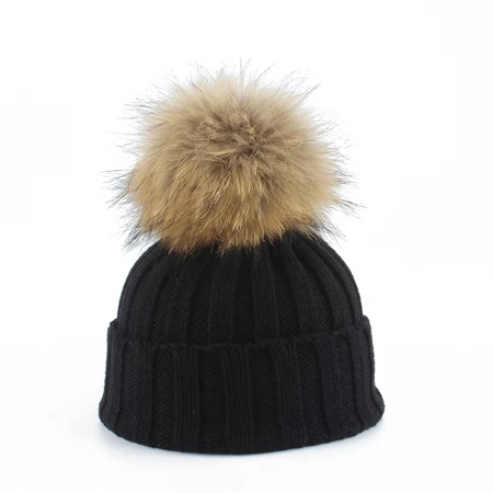 Большой Мех Pom pom Beanie шапки дети девочки мальчики теплая вязаная зимняя детская шапка настоящий енот шапка с меховым помпоном - Цвет: Черный