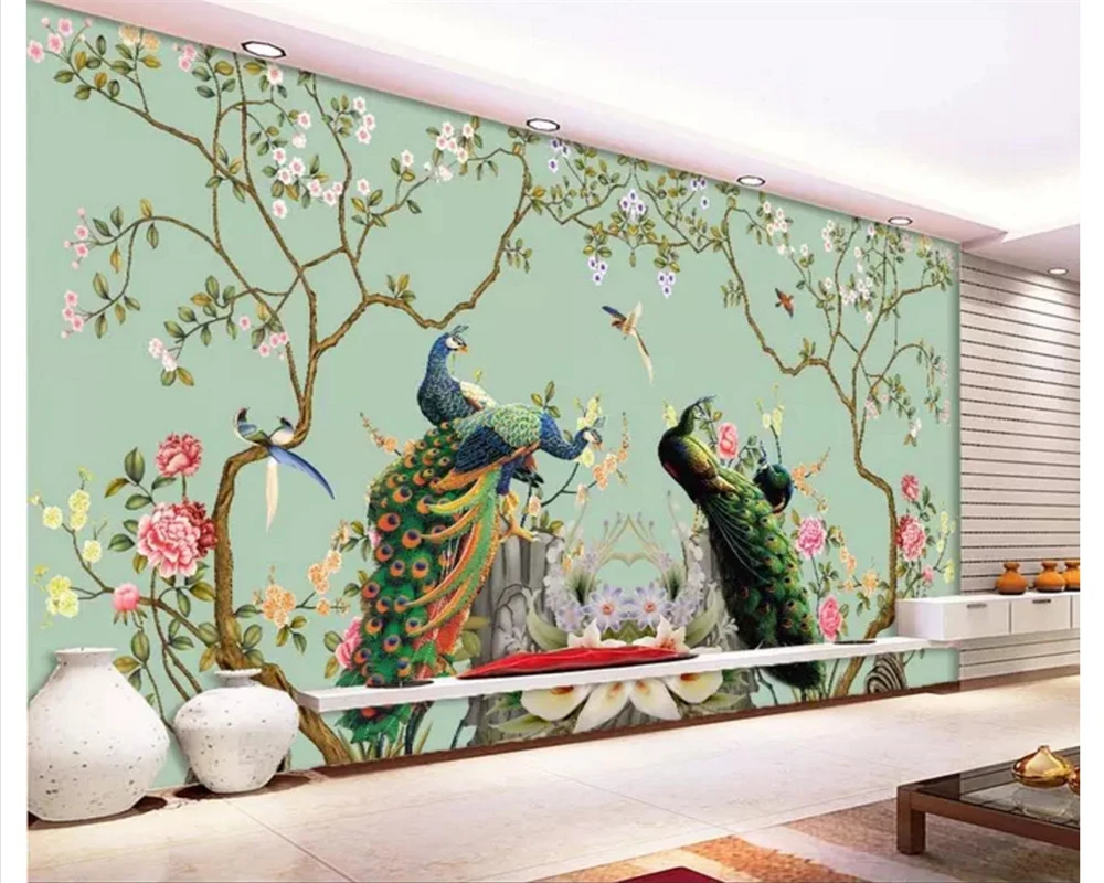 

beibehang Fashion three-dimensional decorative wall paper hand-painted vintage flowers and birds TV background 3d wallpaper