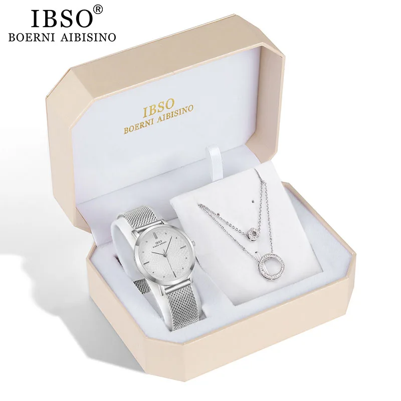 

IBSO Brand Women Watch Set Silver Necklace Quartz Watch Set Female Jewelry Set Fashion Creative Crystal Quartz Watch Lady's Gift