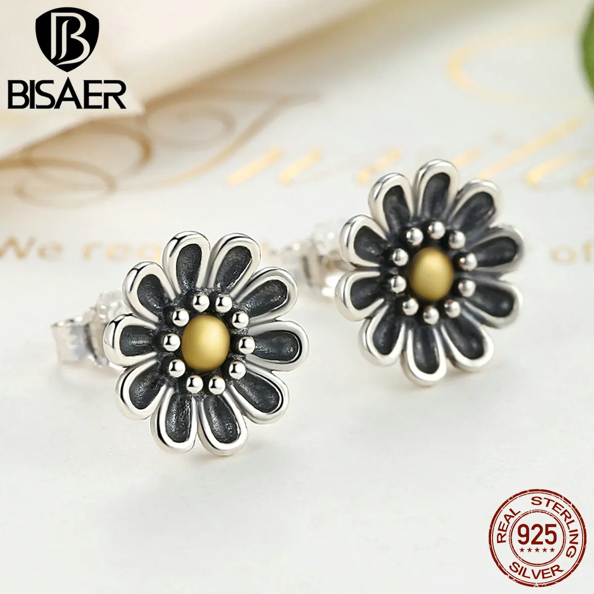 BISAER Аутентичные 925 пробы серебряные черные хризантемы цветок серьги гвоздики модные ювелирные изделия HJS455