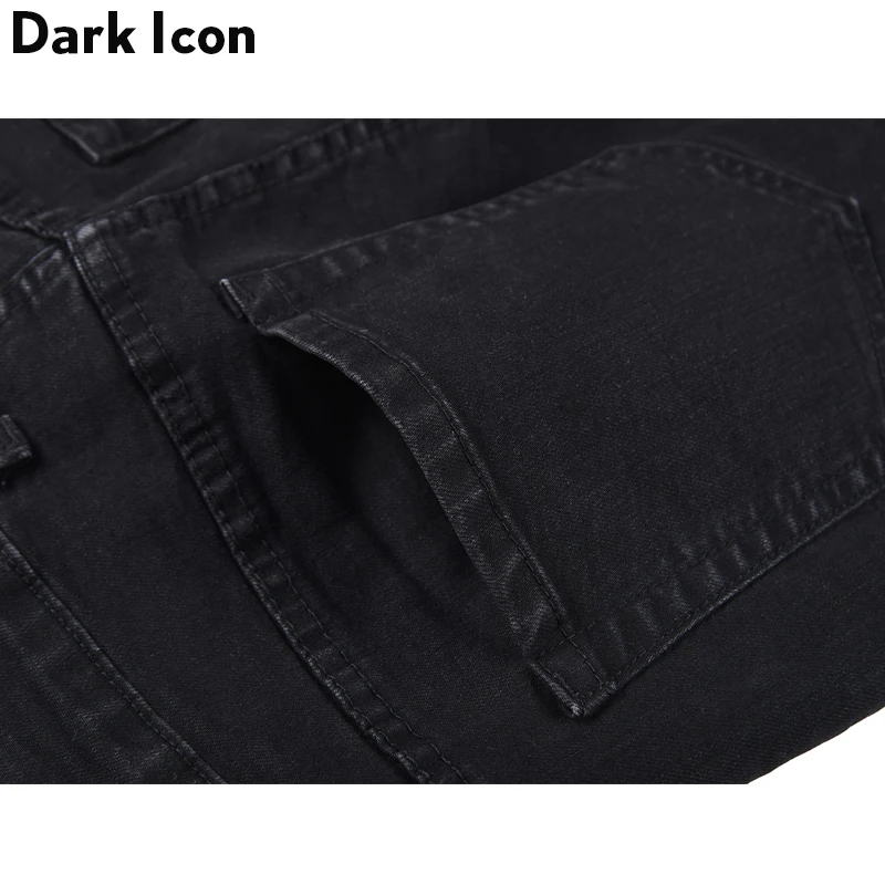 Мужские джинсы с вышитыми буквами DARK ICON рваные облегающие манжетами на коленях