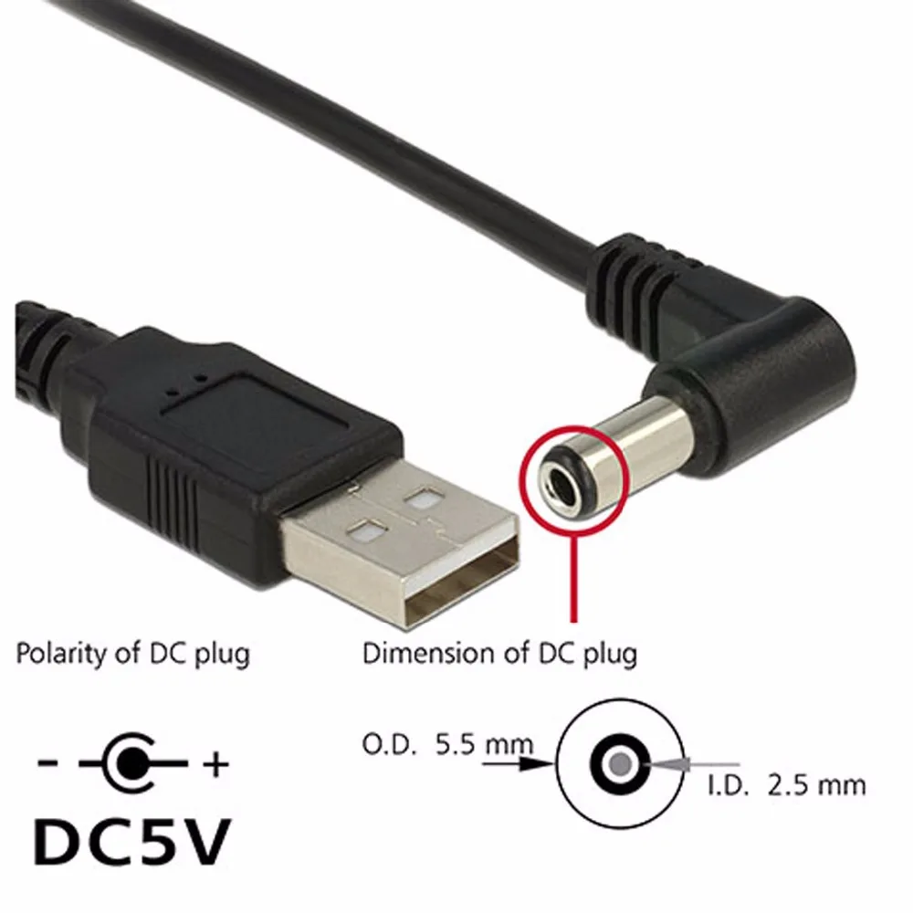CableCC прямоугольный 90 градусов 5 5x2 мм в постоянного тока штекер питания к USB 2 0 A Тип