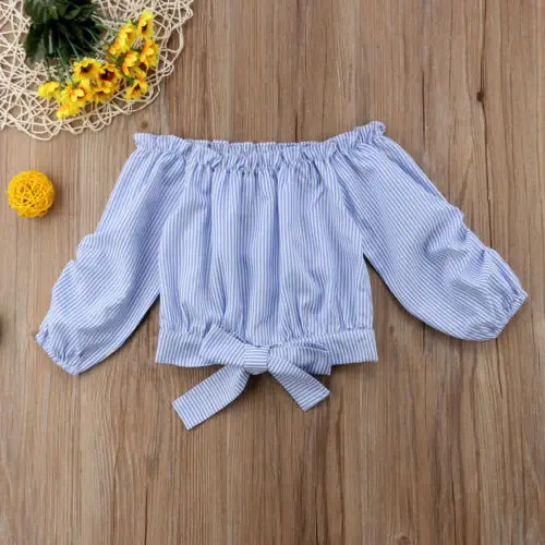 2018 New Blue Stripe T-Shirt Kid Baby Girls Off-shoulder Long Sleeve T-Shirts Tops Tee Clothes Children Fashion Summer T-shirt |