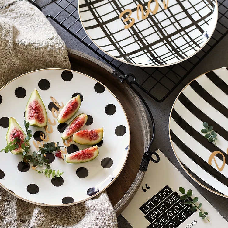 Nordic black and white gold breakfast plate dessert plate fruit plate 8 inch flat jewelry storage plate photo props
