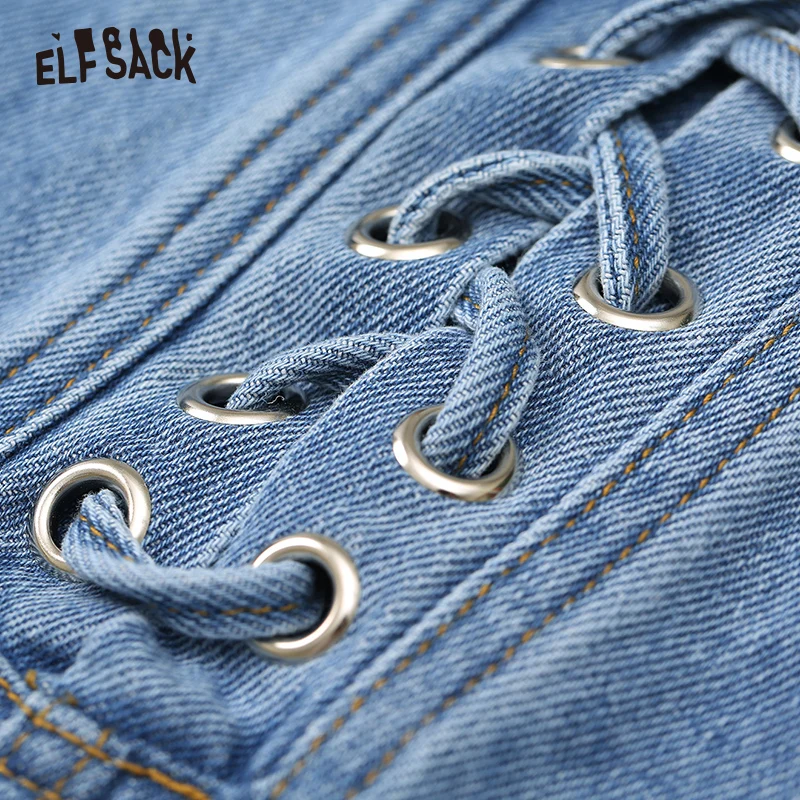 Женские шорты ELFSACK синие потертые джинсы с высокой талией на шнурках лето 2019 |