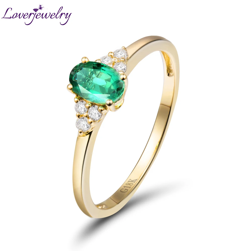 

LOVERJEWELRY Solid 18kt Yellow Gold Natural Diamond Oval Emerald Engagement Ring Genuine Gemstone for Women Birthday Jewelry