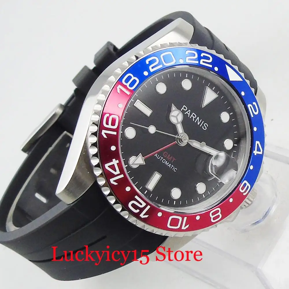 Мужские автоматические часы PARNIS черный циферблат сапфировое стекло сплав