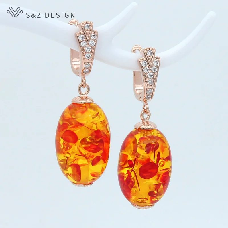 

S&Z Fashion Temperament Oval Flower Ambers Dangle Earrings 585 Rose Gold Ethnic Vintage Eardrop For Women Girl Wedding Jewelry
