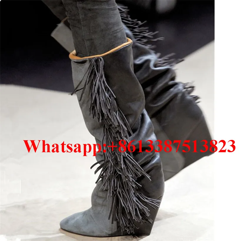 Дамы бахромой замши и мягкой кожи Высокие сапоги до колена с на танкетке без