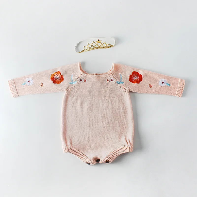 

2019 New Baby girl knitted sweater romper infant newborns embroidery flowers long sleeve rompers girls toddler body wear